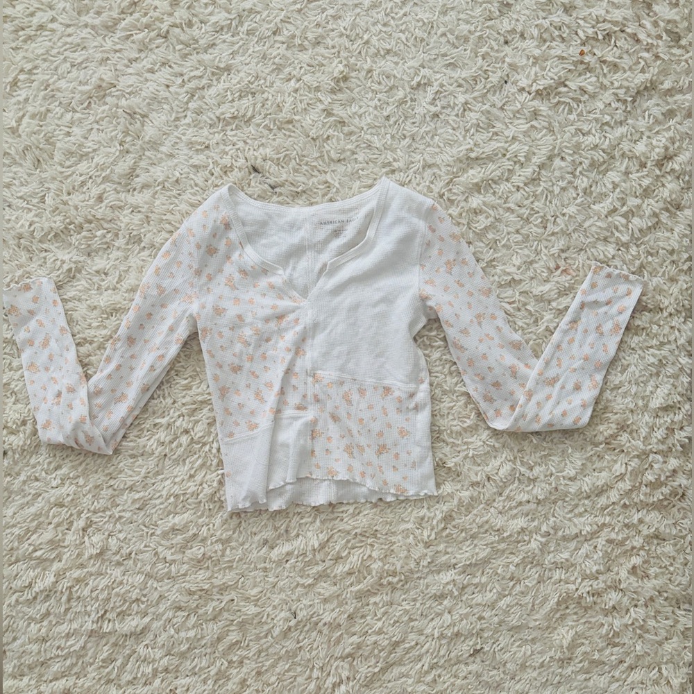 White and pink long floral sleeve top